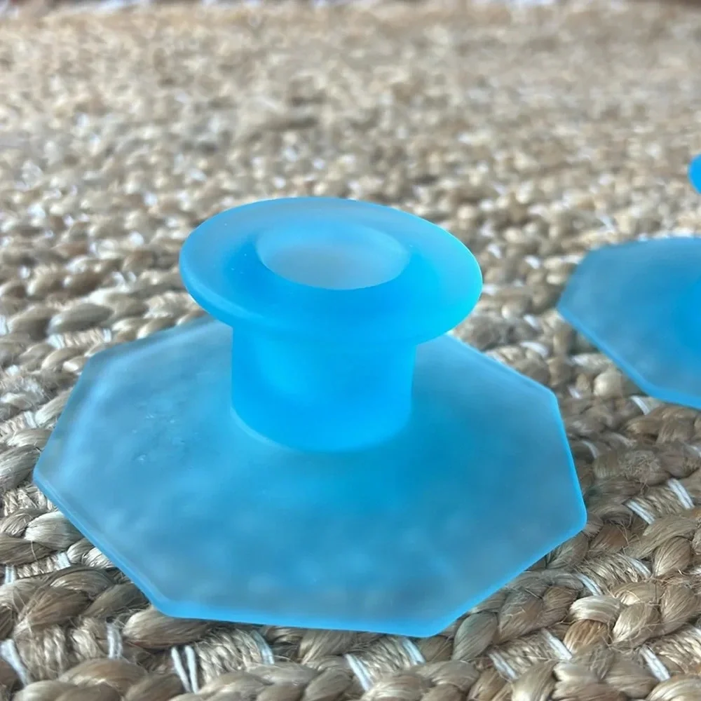 Set of 2 Octagonal Base Taper Candle Holders in Opaque Blue Glass. Beachy